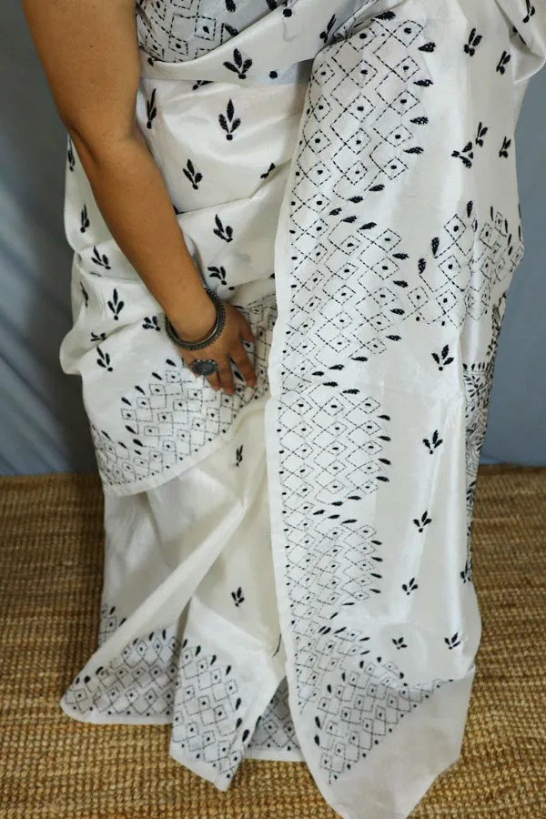 Black and White Kantha Stitch on Art Silk Saree